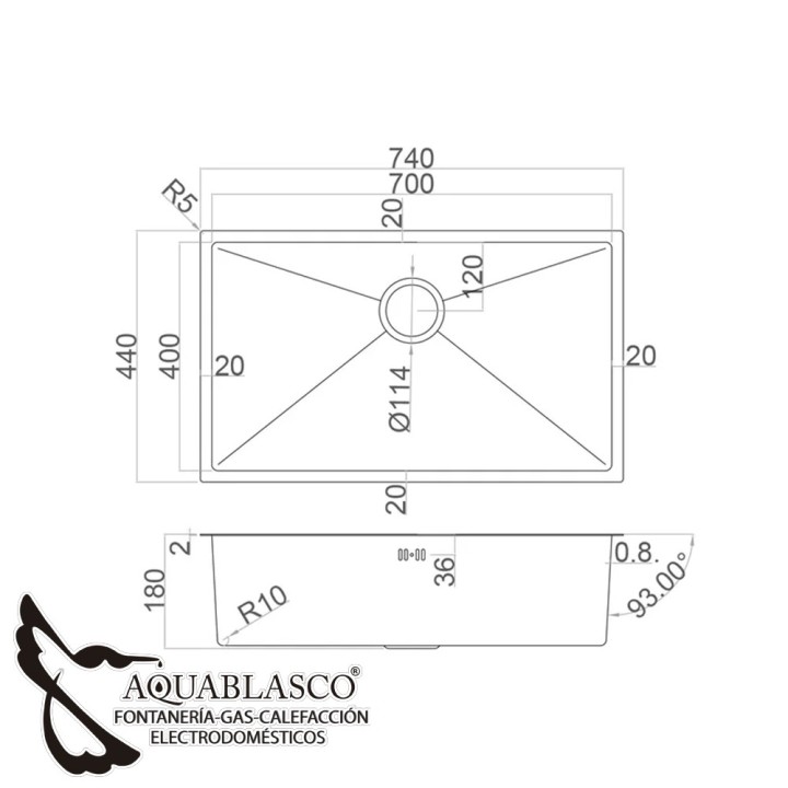 Fregadero 740 x 440 Mm 1Cubeta Acero Mate