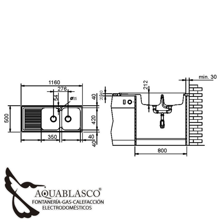 Fregadero 2 Cubetas 1 Escurridor 1160 x 500 Zentia